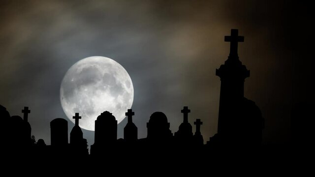 Crosses and graves in the Cemetery, Time Lapse by Night with Full Moon