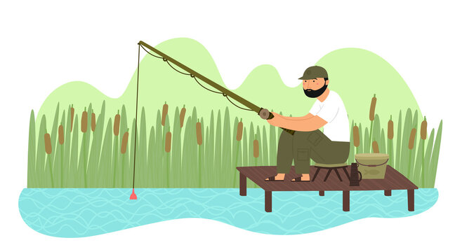 Cartoon Smiling Young Man With Beard With Fishing Rod On Lake Vector Illustration. Hand Drawn Flat Happy Caucasian Fisherman Sitting On Wooden Pier With Fishing Pole. Summer Vacation And Outdoor Hobby