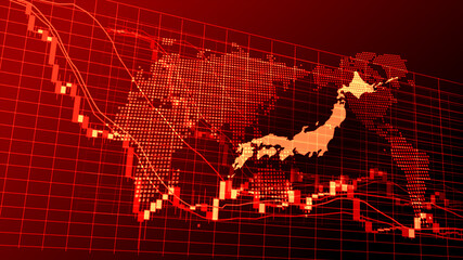 日本の赤いデジタル株価チャートイメージ - obrazy, fototapety, plakaty
