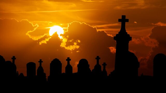  Cemetery: Crosses and Tombstones at Sunset, Time Lapse with Red Clouds and Fiery Sky