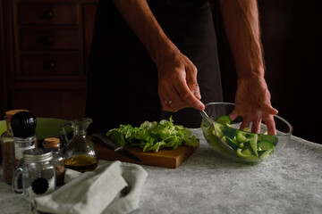 a man prepares a vegetable salad on a dark background. Dark photo style. Pre-mixes the salad