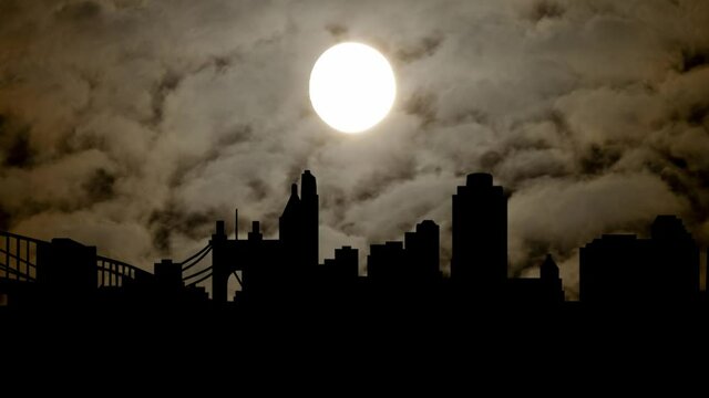 Cincinnati  Downtown By Night with Dark Atmosphere, Fog, Smoke, and Full Moon, Ohio, USA