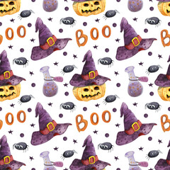 Halloween party. Hand drawn watercolour seamless pattern. 