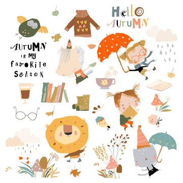 Fall set with cute animals and funny kids