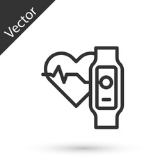 Grey line Smart watch showing heart beat rate icon isolated on white background. Fitness App concept. Vector