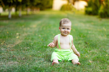 a smiling baby boy six months old sitting on a green lawn in summer in shorts at sunset, a place for text