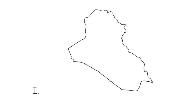 Iraq map animation line. Black line animation letters drawing on a white background.
