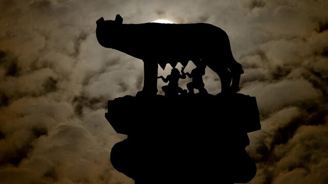 Capitoline Wolf, Symbol of Rome By Night with Dark Atmosphere, Fog, Smoke, and Full Moon