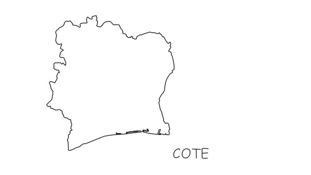 Cote D'Ivoir map animation line. Black line animation letters drawing on a white background.