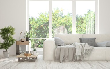 White living room with sofa and summer landscape in window. Scandinavian interior design. 3D illustration