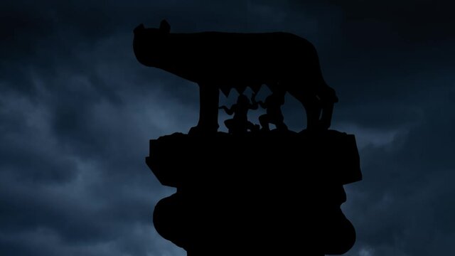 Lightning Thunderstorm Flash over Capitoline Wolf, Symbol of Rome City, Italy