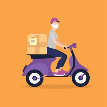 Delivery man riding motorcycle, send order package to customer, express delivery bike service. Flat design vector illustration on orange background