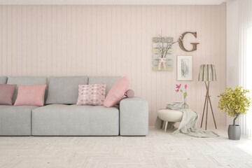 Pink living room with sofa. Scandinavian interior design. 3D illustration