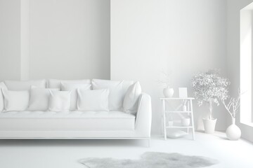 White minimalist living room with sofa. Scandinavian interior design. 3D illustration