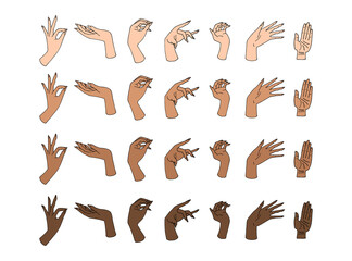 Line art illustration of hand drawn female hands set. Defferent skin tones. Isolated on white background.