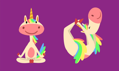Funny Unicorn Character with Rainbow Mane and Tail Practicing Yoga Exercises Vector Set