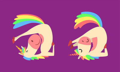 Funny Unicorn Character with Rainbow Mane and Tail Practicing Yoga Exercises Vector Set