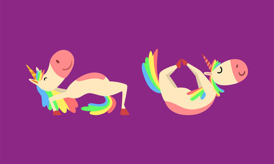 Funny Unicorn Character with Rainbow Mane and Tail Practicing Yoga Exercises Vector Set