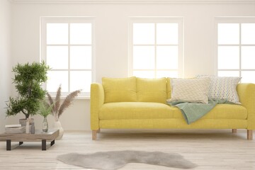 White living room with sofa. Scandinavian interior design. 3D illustration
