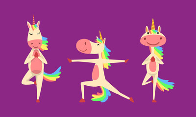 Funny Unicorn Character with Rainbow Mane and Tail Practicing Yoga Exercises Vector Set