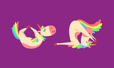 Funny Unicorn Character with Rainbow Mane and Tail Practicing Yoga Exercises Vector Set