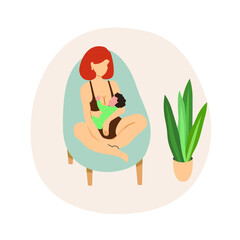 Vector cartoon illustration of Beautiful white mother Breastfeeding illustration, mother feeding a baby with breast. Lactation concept