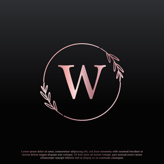 Elegant W Letter Circle Floral Logo with Creative Elegant Leaf Monogram Branch Line and Pink Black Color. Usable for Business, Fashion, Cosmetics, Spa, Science, Medical and Nature Logos.