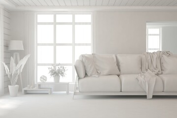 White minimalist living room with sofa. Scandinavian interior design. 3D illustration