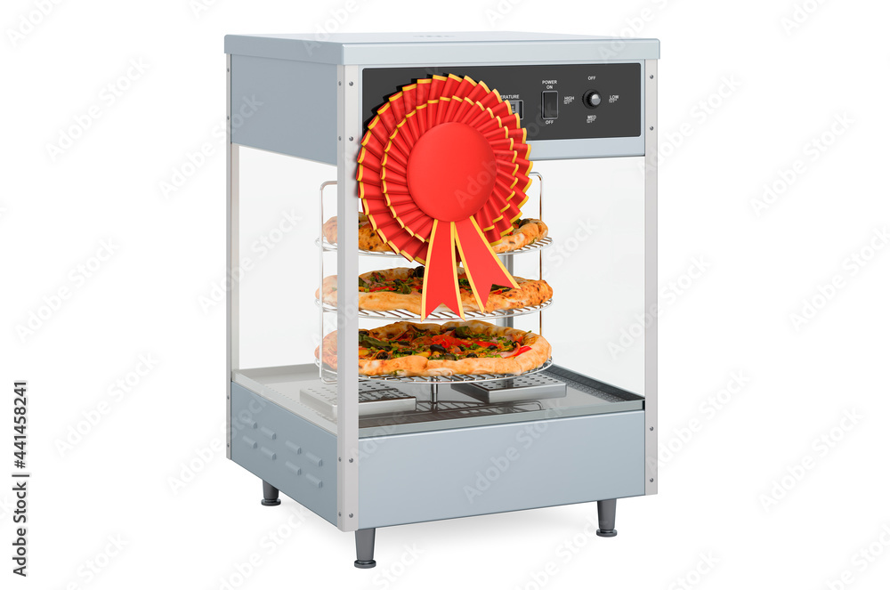 Poster rotating tiered pizza merchandiser racks with best choice badge, 3d rendering