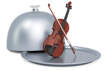 Restaurant cloche with violin and bow, 3D rendering