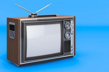 Retro TV set on blue backdrop, 3D rendering