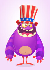Cartoon funny monster wearing Amirican uncle Sam hat on USA Independence Day . Vector illustration of alien creature character