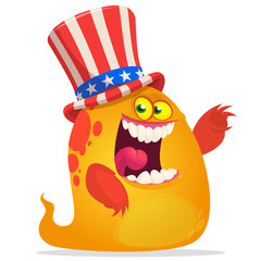 Cartoon funny monster wearing Amirican uncle Sam hat on USA Independence Day . Vector illustration of alien creature character