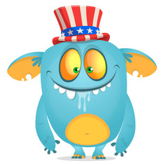 Cartoon funny monster wearing Amirican uncle Sam hat on USA Independence Day . Vector illustration of alien creature character