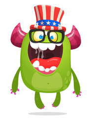 Cartoon funny monster wearing Amirican uncle Sam hat on USA Independence Day . Vector illustration of alien creature character