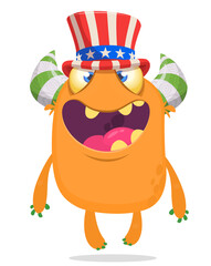 Cartoon funny monster wearing Amirican uncle Sam hat on USA Independence Day . Vector illustration of alien creature character