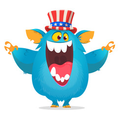 Cartoon funny monster wearing Amirican uncle Sam hat on USA Independence Day . Vector illustration of alien creature character