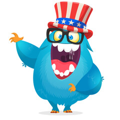 Cartoon funny monster wearing Amirican uncle Sam hat on USA Independence Day . Vector illustration of alien creature character