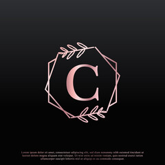 Elegant C Letter Hexagon Floral Logo with Creative Elegant Leaf Monogram Branch Line and Pink Black Color. Usable for Business, Fashion, Cosmetics, Spa, Science, Medical and Nature Logos.