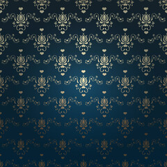 Victorian dark background. Beautiful damask ornament. Gold elements and glow effect background. Vector file.