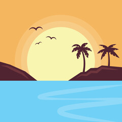 Tropical beach background with palm silhouettes and sunset, vector illustration.