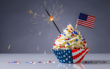 Cupcake American Flag. Sparklers or fireworks lights burning in a cake. 4th of July, Independence, Presidents Day. Tasty cupcakes with white cream icing and colored stars sprinkles. Sweet dessert.