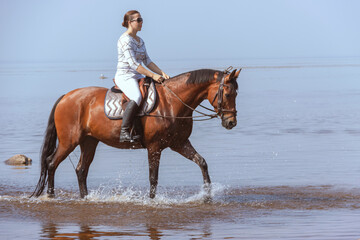 Young beautiful girl on a horse ride on the water on a hot summer day