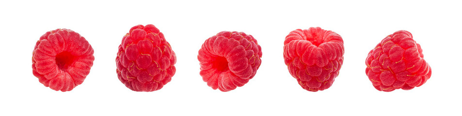 Collection of raspberries isolated on white background. Sweet ripe fresh delicious raspberry,...