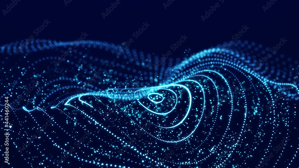 Poster sci-fi background. digital wave with many particles. big data visualization. template for festive pr
