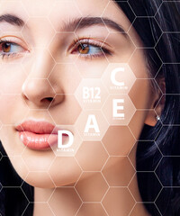 Young woman face in honeycombs with graphic icons of vitamins.