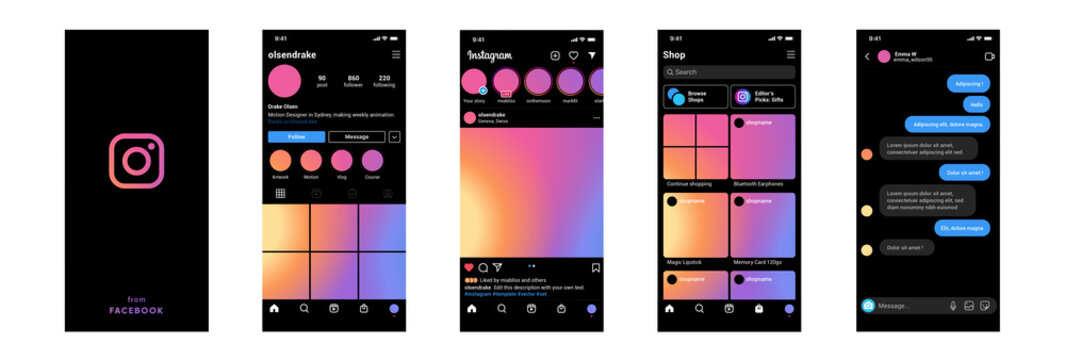 Instagram App Screens Template On Dark Mode Frame. Realistic Instagram Interface Presenatation: Profile, Post, Shopping, Direct Message.  Empty Picture With Editable Text. Vector Illustration. 