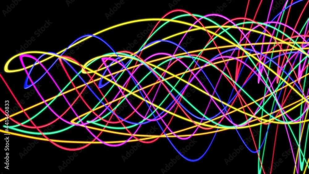 Poster multicolored iridescent glowing lines swirling in a spiral form slowly rotate on a black background.