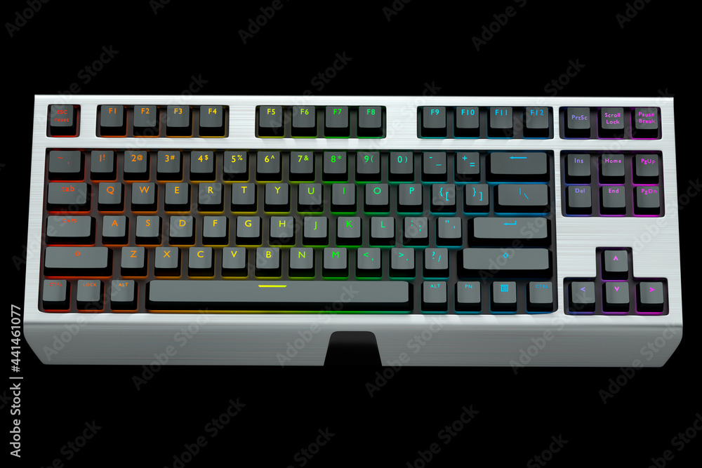Poster black computer keyboard with rgb colors isolated on black background.