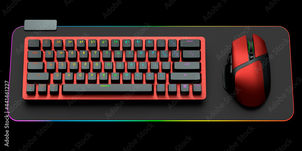 Poster computer keyboard and mouse on professional pad isolated on black background.